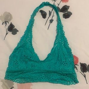 aerie lace plunge halter bralette in sea foam green